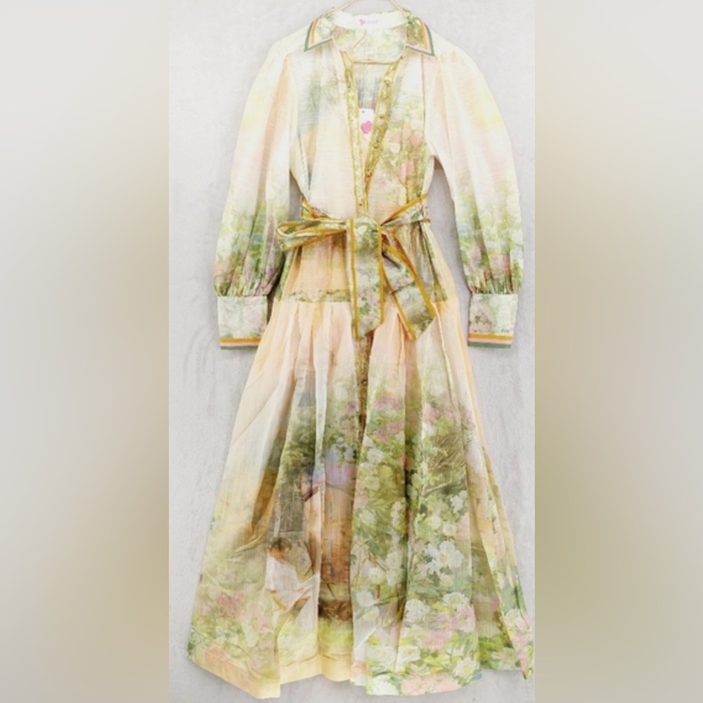 Sheer Floral Maxi Shirt Dress in Pastel Green and Cream